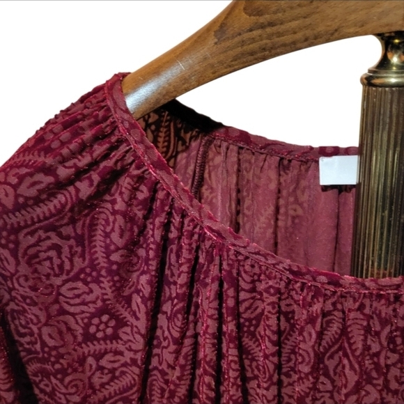 Loft Mosaic Shirred Velour Burgundy Red Paisley Floral Velvet Top Size XL - Picture 5 of 8